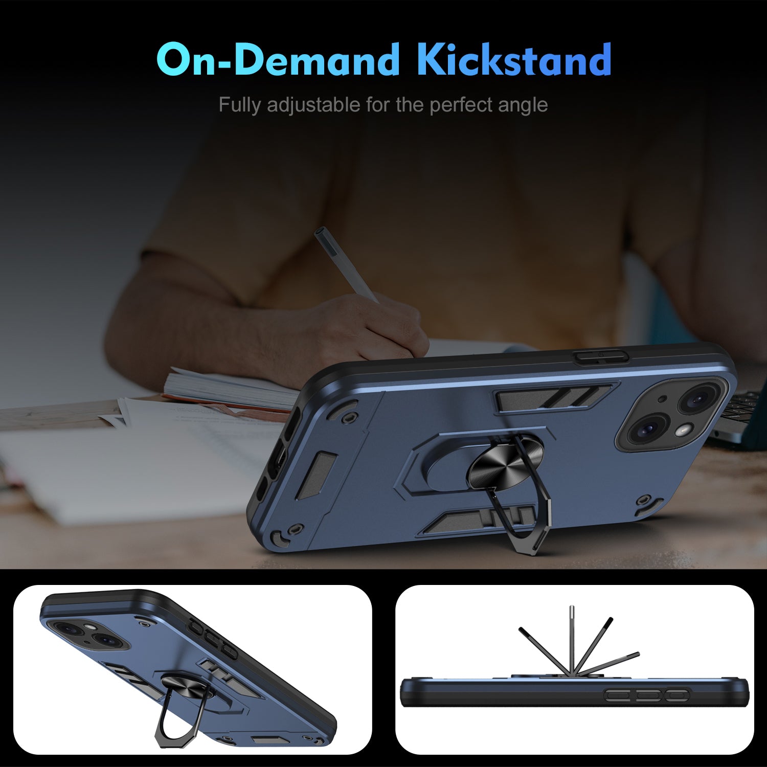 For iPhone 15 Plus Kickstand Case TPU+PC Cover Support Magnetic Car Mount - Blue For iPhone 15 Plus Kickstand Case TPU+PC Cover Support Magnetic Car Mount - Blue